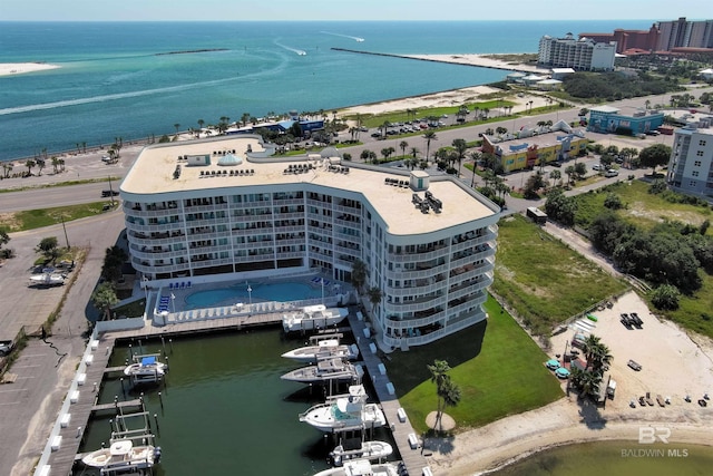 drone / aerial view featuring a water view