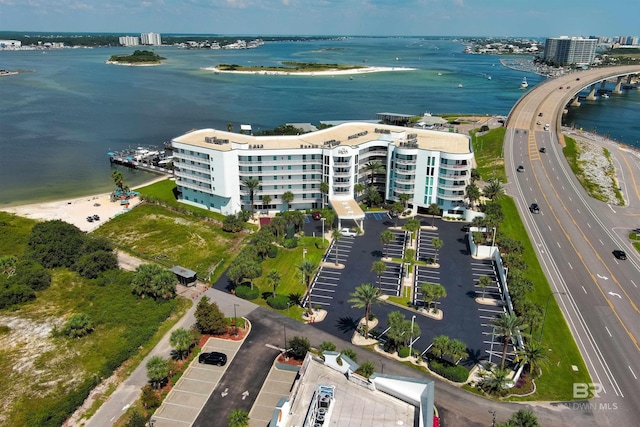 aerial view featuring a water view