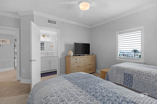 bedroom featuring connected bathroom, light tile patterned floors, crown molding, ceiling fan, and sink