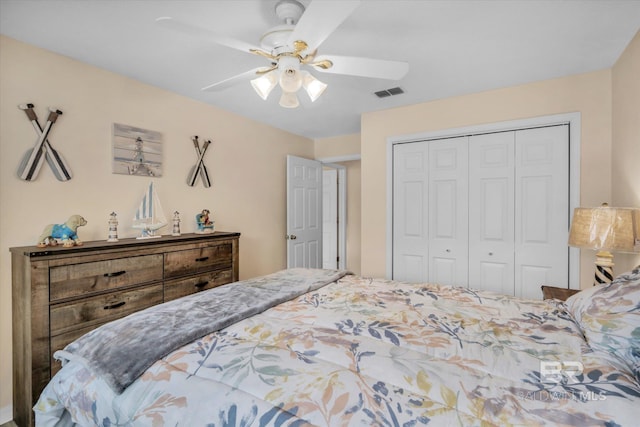 bedroom with ceiling fan and a closet