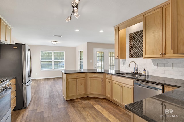 kitchen with light brown cabinetry, tasteful backsplash, appliances with stainless steel finishes, and a sink