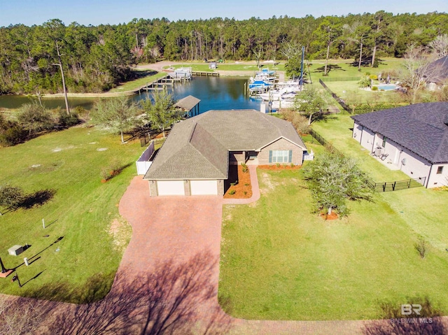 aerial view featuring a water view