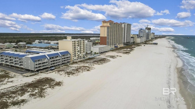 bird's eye view with a water view, a beach view, and a city view