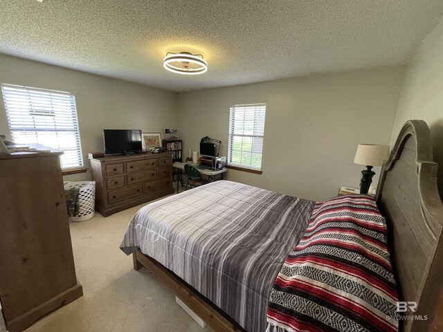 carpeted bedroom with a textured ceiling