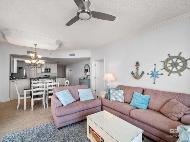 375 Beach Club Trl Unit A1710, Gulf Shores, AL 36542 - living area with crown molding, a textured ceiling, a chandelier, light tile patterned floors, and a ceiling fan