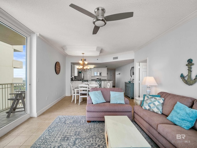 375 Beach Club Trl Unit A1710, Gulf Shores, AL 36542 - living room with a ceiling fan, light tile patterned floors, crown molding, a chandelier, and a textured ceiling