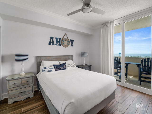 375 Beach Club Trl Unit A1710, Gulf Shores, AL 36542 - bedroom featuring ornamental molding, wood finished floors, a textured ceiling, access to exterior, and a ceiling fan