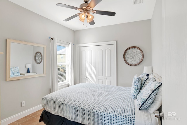 tiled bedroom with a closet and ceiling fan