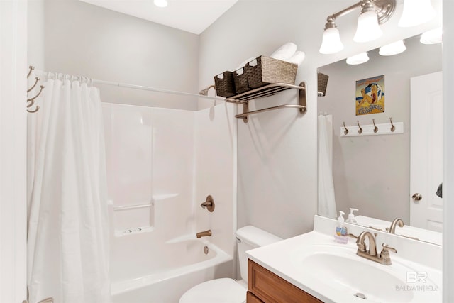 full bathroom with toilet, shower / bath combo with shower curtain, and vanity