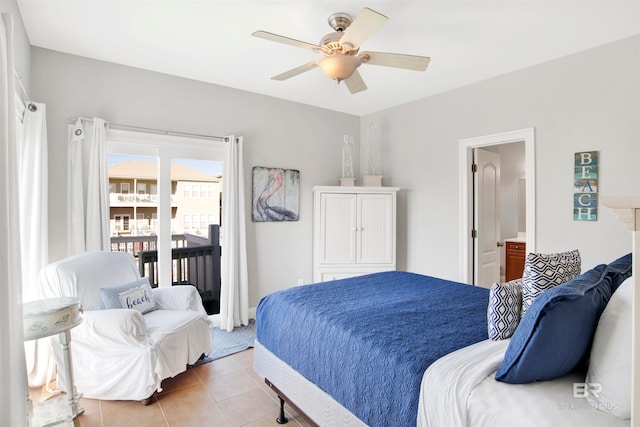tiled bedroom featuring ceiling fan and access to outside