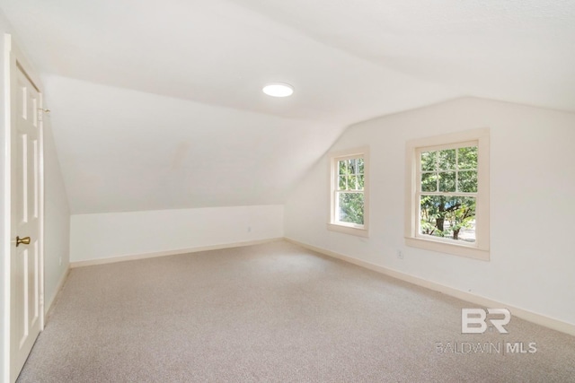 additional living space featuring light carpet and vaulted ceiling