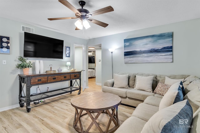 living room with ceiling fan and light hardwood / wood-style floors