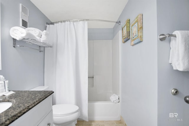 full bath with vanity, shower / bath combination with curtain, toilet, and visible vents