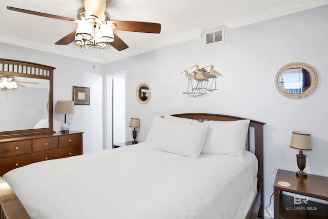 bedroom with visible vents, a ceiling fan, and ornamental molding