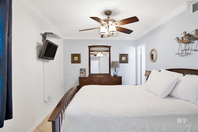 bedroom with light tile patterned floors, visible vents, a ceiling fan, and ornamental molding