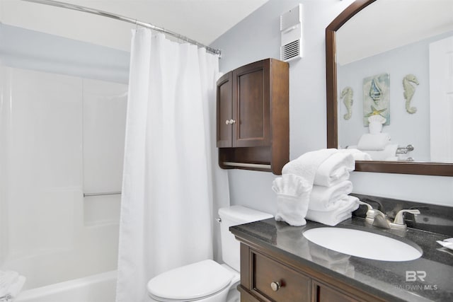 full bath featuring visible vents, shower / tub combo, toilet, and vanity