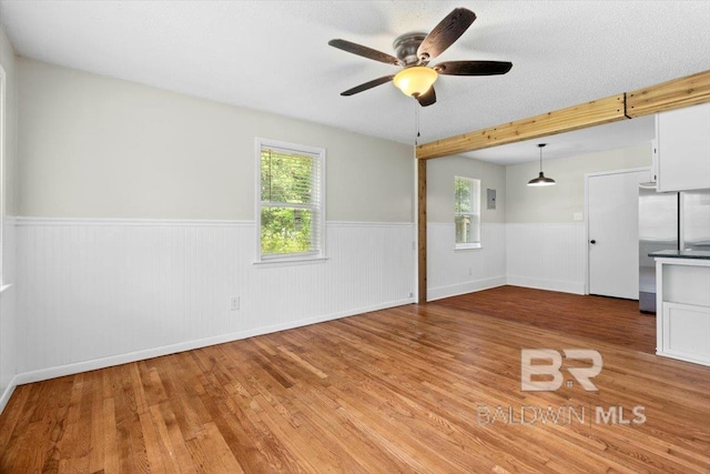 spare room featuring light wood-style floors, a wainscoted wall, and a wealth of natural light