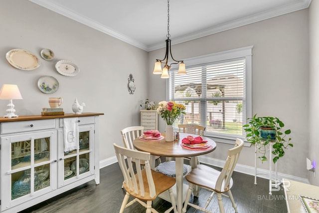 dining area featuring baseboards, ornamental molding, and dark wood-type flooring