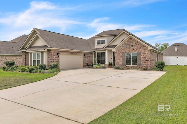 view of front of home featuring board and batten siding, driveway, brick siding, fence, and a front lawn