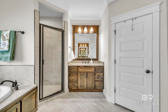 bathroom featuring crown molding, a bath, a stall shower, and vanity