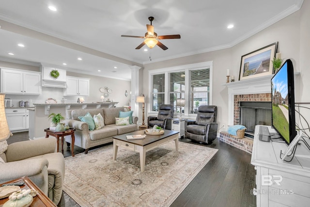 living area with a ceiling fan, recessed lighting, dark wood-style floors, and a fireplace