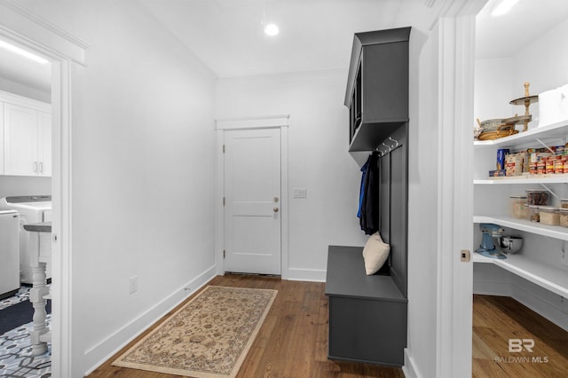 mudroom with dark wood-type flooring