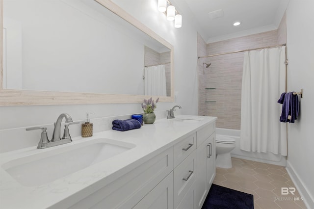 full bathroom featuring shower / tub combo, vanity, toilet, and tile patterned floors