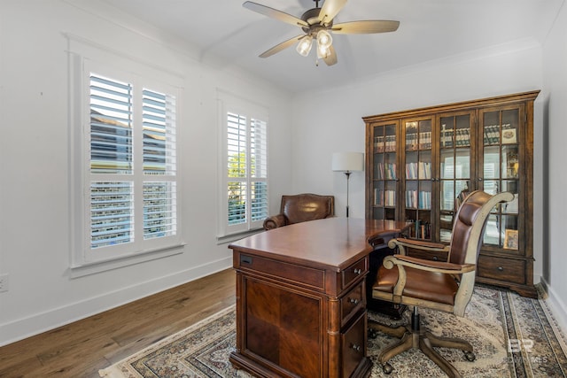 home office with ceiling fan, crown molding, and dark hardwood / wood-style flooring