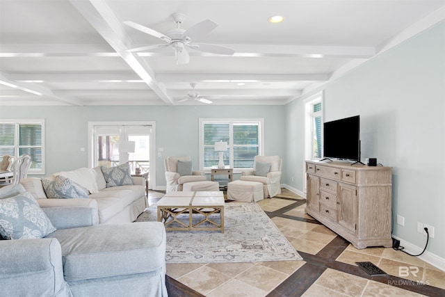 1219 Parasol Pl, Perdido Key, FL 32507 - living room with recessed lighting, baseboards, beam ceiling, a ceiling fan, and inlaid floor details