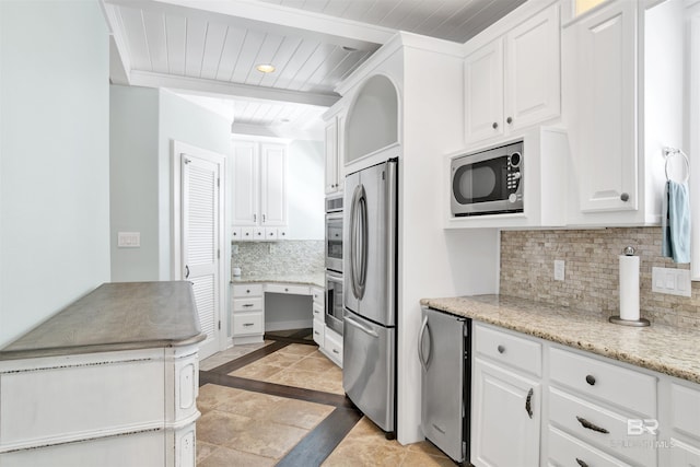 1219 Parasol Pl, Perdido Key, FL 32507 - kitchen featuring appliances with stainless steel finishes, wooden ceiling with exposed beams, white cabinetry, decorative backsplash, and light stone countertops