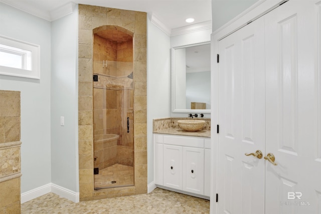 1219 Parasol Pl, Perdido Key, FL 32507 - bathroom with ornamental molding, a stall shower, baseboards, vanity, and recessed lighting