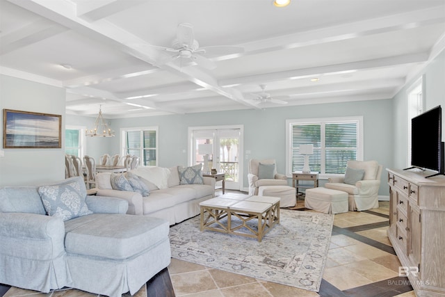 1219 Parasol Pl, Perdido Key, FL 32507 - living area with recessed lighting, beam ceiling, a ceiling fan, healthy amount of natural light, and coffered ceiling