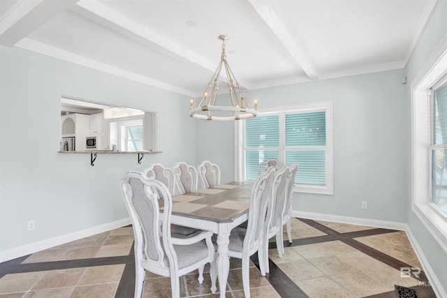 1219 Parasol Pl, Perdido Key, FL 32507 - dining room with a chandelier, beam ceiling, baseboards, and stone tile floors