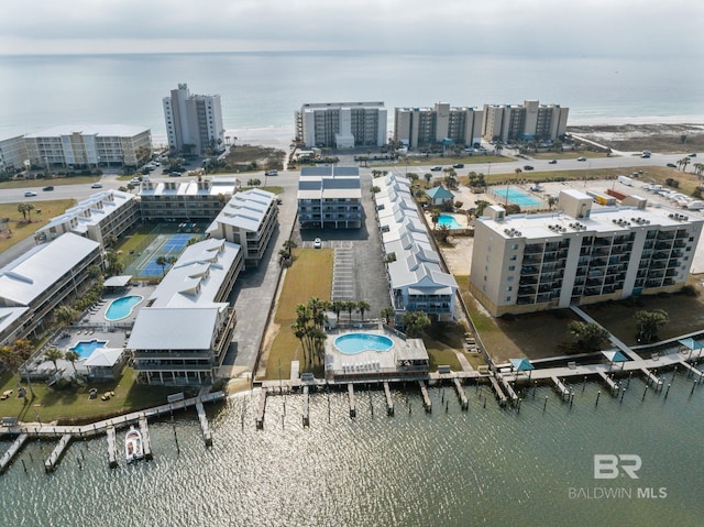 drone / aerial view featuring a water view