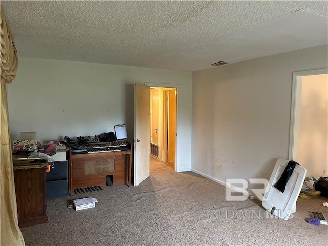 office featuring carpet flooring and a textured ceiling