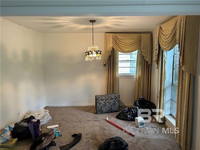 unfurnished dining area with a notable chandelier and carpet