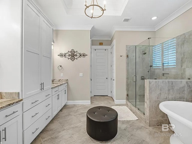 bathroom with crown molding, vanity, plus walk in shower, and tile patterned flooring