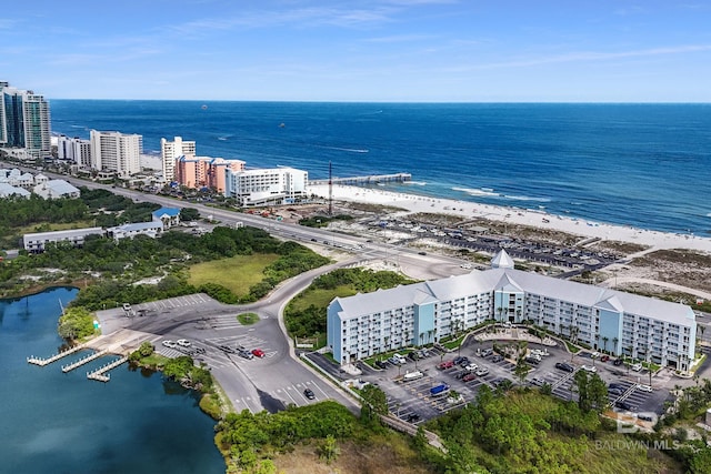 aerial view featuring a water view and a city view