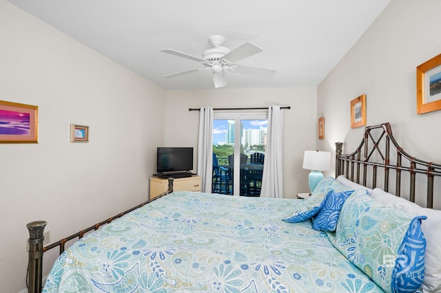 bedroom featuring access to outside and ceiling fan