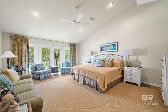 carpeted bedroom featuring french doors, high vaulted ceiling, and ceiling fan