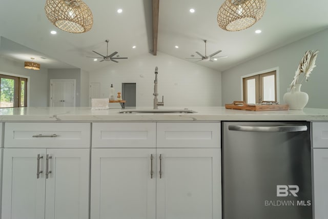 11341 Tall Timber Ln, Elberta, AL 36530 - kitchen with dishwasher, a ceiling fan, white cabinetry, and recessed lighting