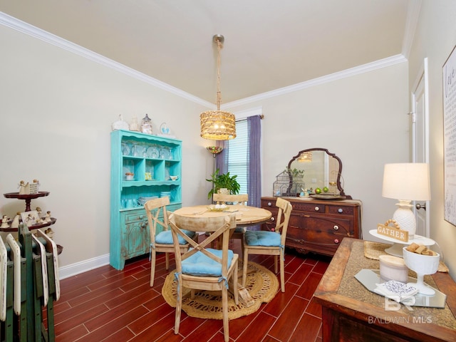 dining area featuring crown molding and dark hardwood / wood-style floors