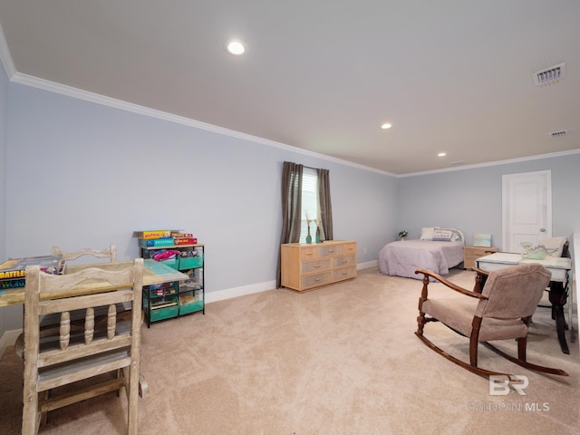 carpeted bedroom with ornamental molding