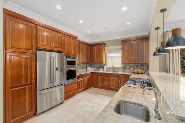 kitchen with decorative backsplash, sink, light tile patterned flooring, and stainless steel appliances