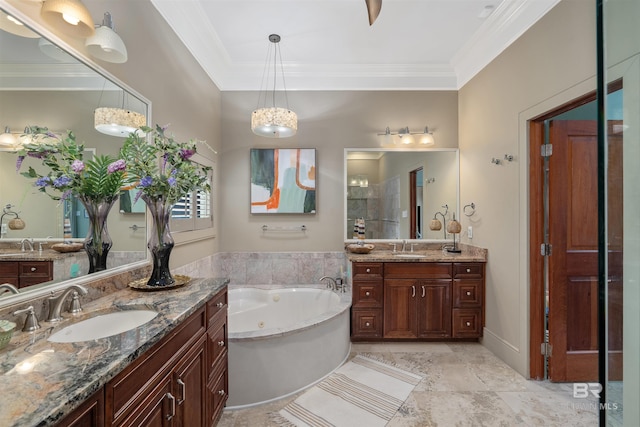 bathroom with double sink vanity, crown molding, a bathtub, and tile patterned flooring