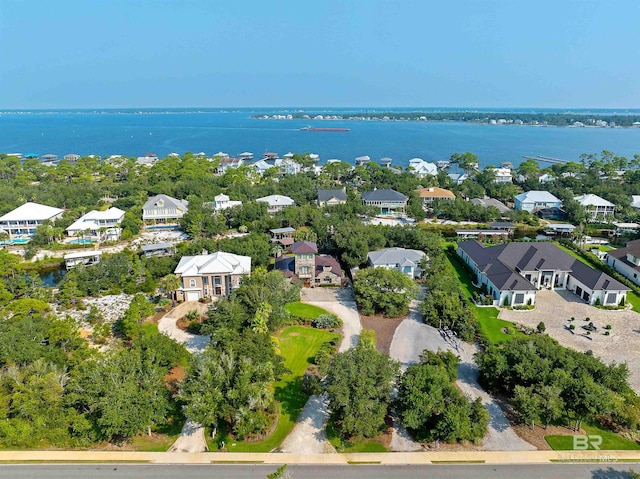 bird's eye view with a water view