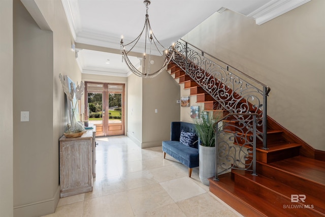 stairway with crown molding, french doors, tile patterned floors, and a chandelier