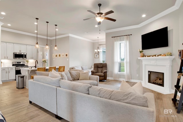 living room with ceiling fan with notable chandelier, light hardwood / wood-style floors, and crown molding