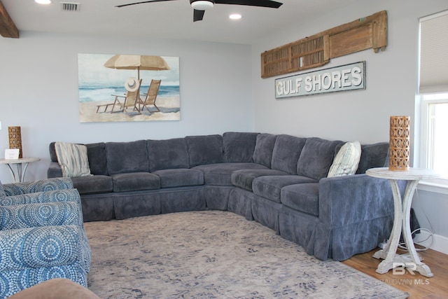1757 W Beach Blvd, Gulf Shores, AL 36542 - living room featuring wood finished floors, a ceiling fan, and recessed lighting
