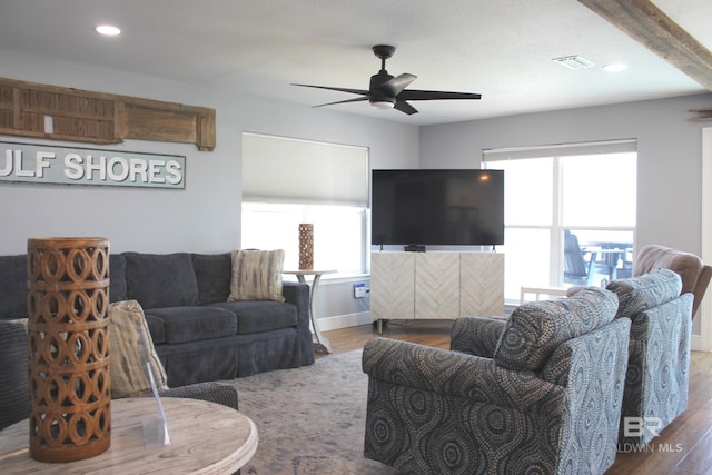 1757 W Beach Blvd, Gulf Shores, AL 36542 - living room featuring ceiling fan, wood finished floors, baseboards, and recessed lighting